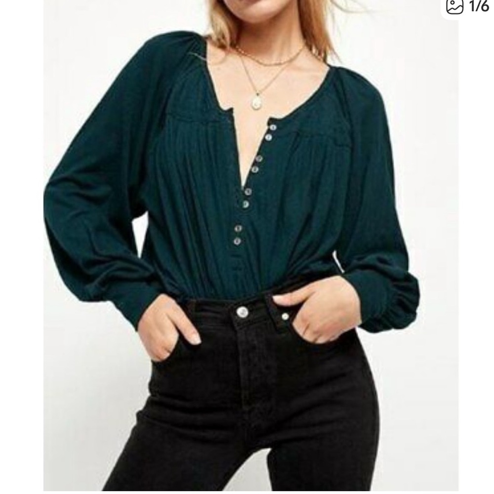 Free People Teal Prairie Henley Boho Blouse Cropped Smocked Waist Top S